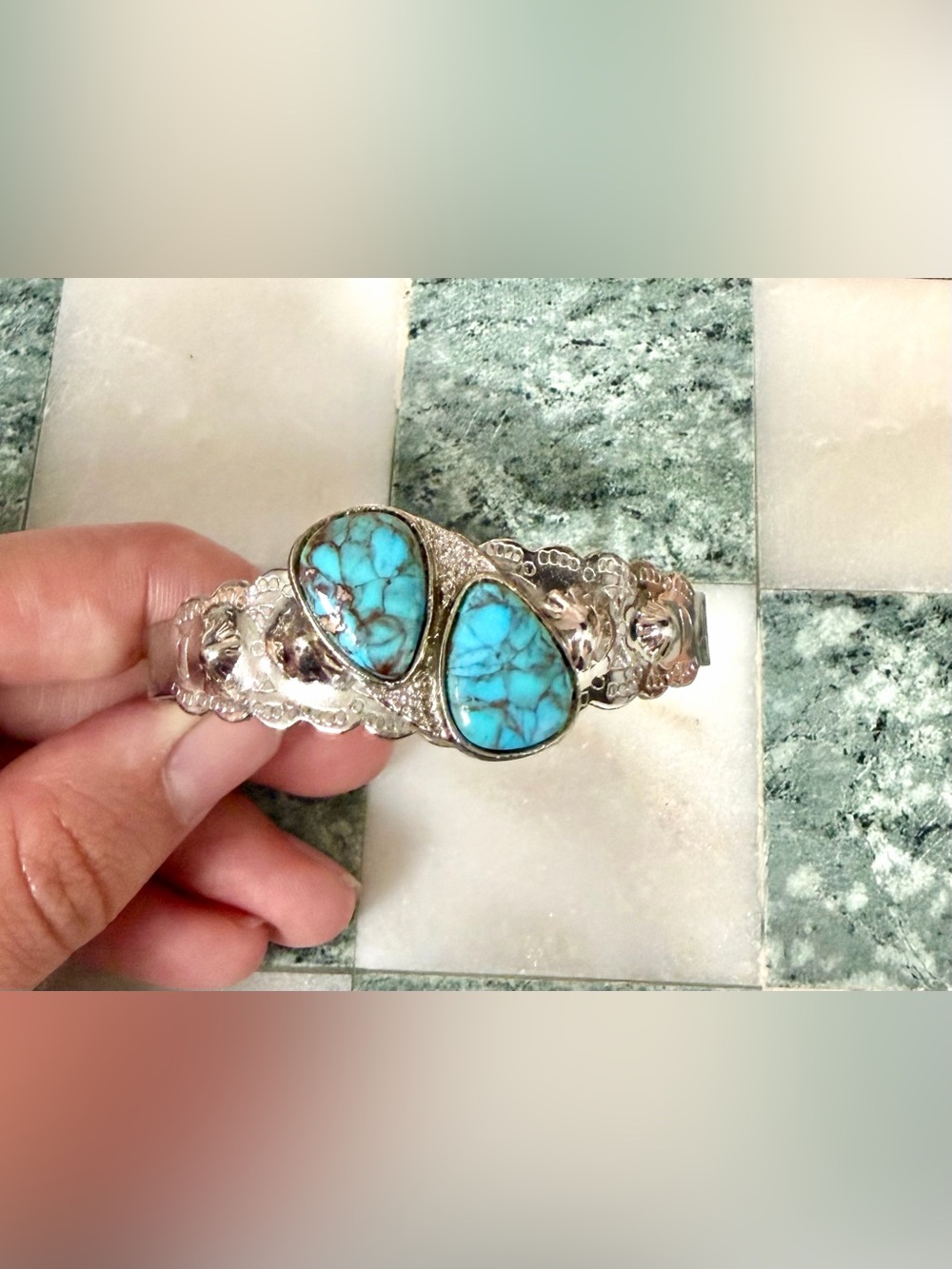 Scallop Sterling Silver Turquoise Statement Cuff Bracelet - Tested